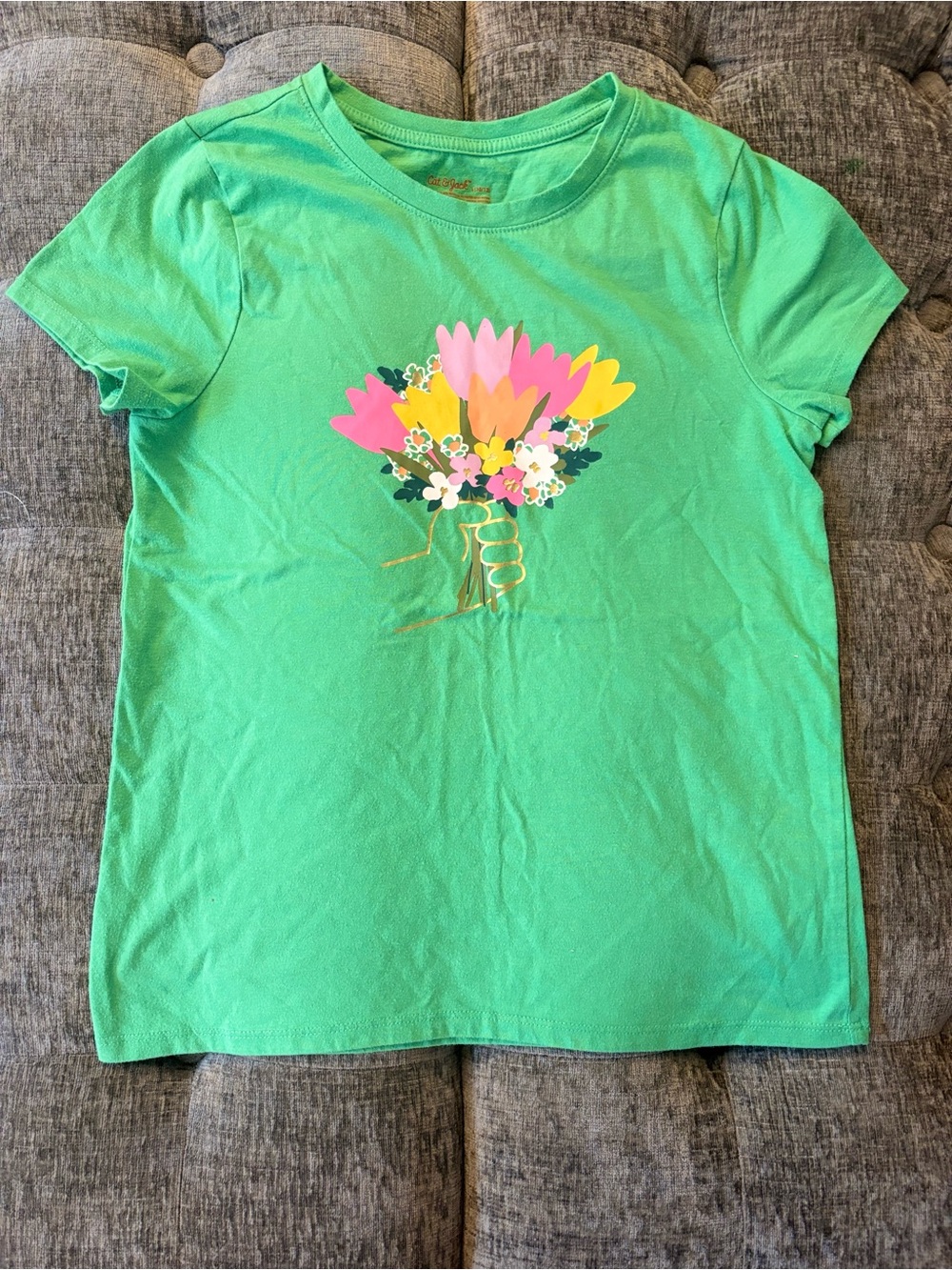 Cat & Jack Green Short Sleeve Tee with Pink & Yellow Floral Bouquet